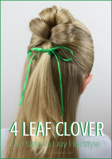 This is the cutest 4 leaf clover hairstyle for St. Patrick's Day I've seen in a long time! BabesInHairland.com has a fast and easy tutorial for this lucky hairstyle! #hair #hairstyle #shamrock #stpatricksday #lucky #4leafclover #4leafcloverhairstyle