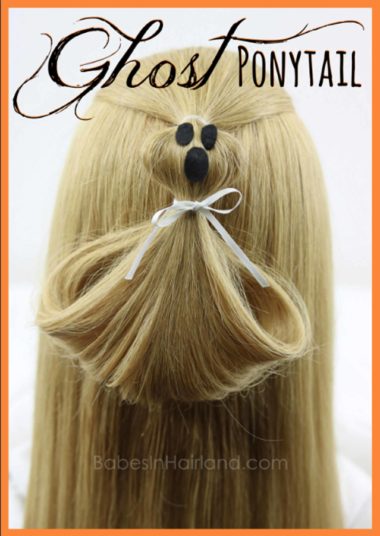 Have "spook-tacular" hair this Halloween with this cute Ghost Ponytail Hairstyle from BabesInHairland.com #hair #hairstyle #halloween #ghost #ponytail #costume