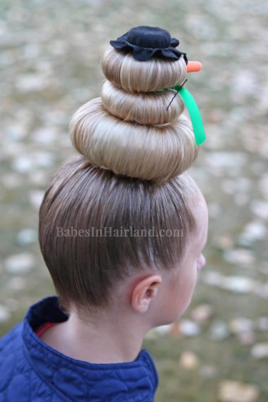 Take crazy hair day seriously. Go all out with this cute, silly snowman hairstyle! Dress him up however you want & you'll definitely have the craziest hair. From BabesInHairland.com #hair #hairstyle #crazyhairday #crazyhair #snowmanhair #snowman