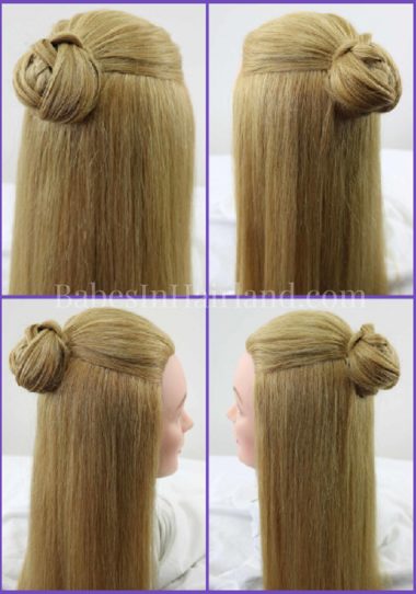 A new spin on a regular bun. Try this quick and easy pulled apart bun and you'll be out the door in no time. Your bun even has a surprise in the middle! BabesInHairland. #bun #hair #hairstyle #braid #easyhairstyle