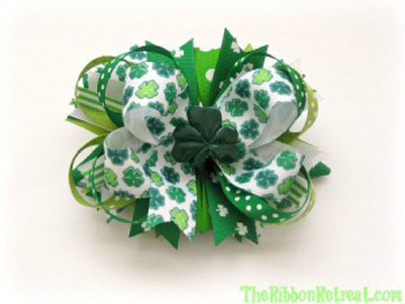 Patrick's Day Shamrock Feather Hair Bow 5" Green & White St 