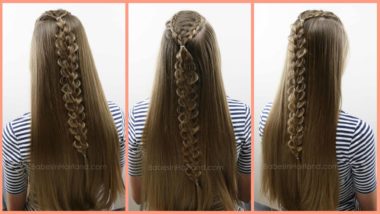 Start with 2 basic Dutch braids and create 5 different cute and easy hairstyles from BabesInHairland.com #hair #hairstyle #braids #ponytail #bun #flowerbun #frenchbraid