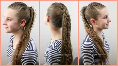 Start with 2 basic Dutch braids and create 5 different cute and easy hairstyles from BabesInHairland.com #hair #hairstyle #braids #ponytail #bun #flowerbun #frenchbraid