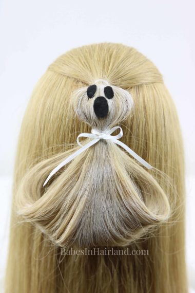 Have "spook-tacular" hair this Halloween with this cute Ghost Ponytail Hairstyle from BabesInHairland.com #hair #hairstyle #halloween #ghost #ponytail #costume