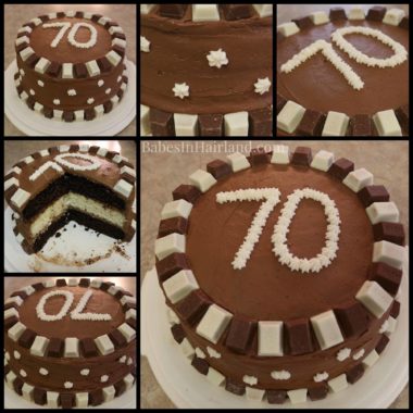 For a fun birthday cake, line the edges of the cake with mini Kit Kat's. Use regular and white chocolate for an even cuter cake. BabesInHairland.com | chocolate cake | frosting | cake | candy