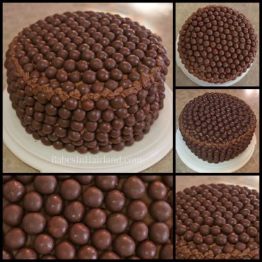If you love chocolate and malt candy, this chocolate Whopper Cake will please your tastebuds! BabesInHairland.com | birthday cake | cake decorating |